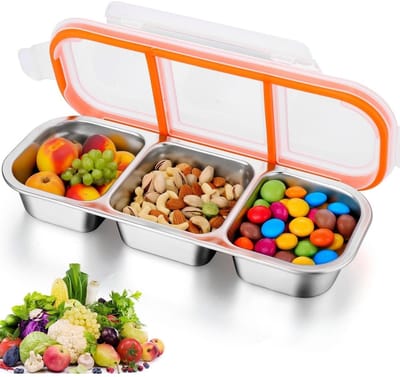 longziming -Roestvrijstalen Snackbox 3 Compartimenten – Lekvrij, Herbruikbaar & Vaatwasserbestendig – Perfect voor Noten, Fruit, Sauzen en Snacks