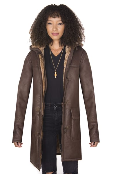 Dames bruine schapenvacht leren duffelcoat met capuchon-Charlotte