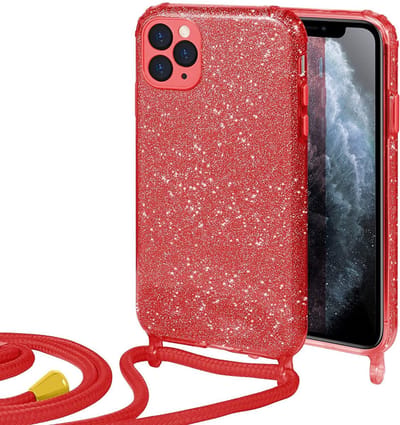 HB Hoesje Geschikt voor Apple iPhone 12 / 12 Pro - Rood - Glitter Back Cover met Koord