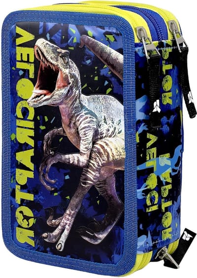 Gevuld Etui Drievoudig - School Etui Pennenhouder - Schoolspullen Organiseren - Drie Vakken Met Inhoud - 20 cm - Velociraptor