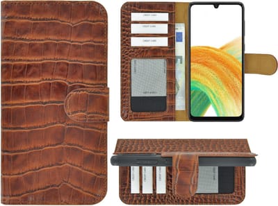 MoDo hoesje Geschikt voor Samsung Galaxy A34 - Echt Leer Book Case - Croco Kaneelbruin