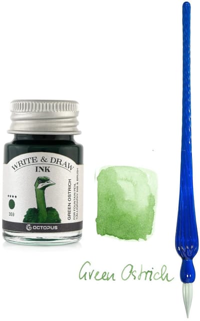 Glaspen - Glazen Dip Pen set in doosje - Blauw - Potje - Octopus - Vulpen inkt - green ostrich