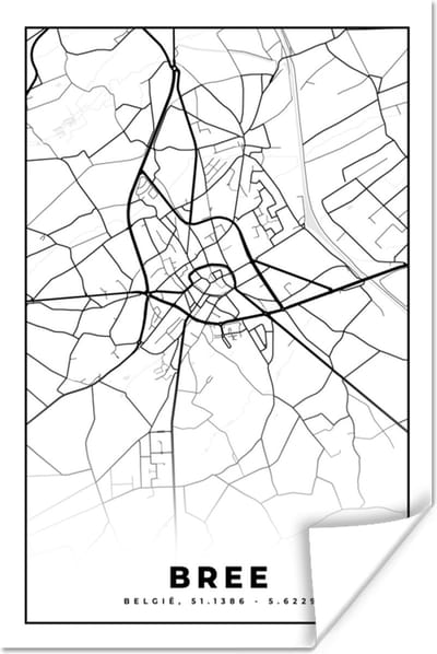 Poster Stadskaart – Plattegrond – België – Zwart Wit – Bree – Kaart - 120x180 cm XXL