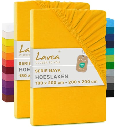 Lavea® Set van 2 Hoeslakens 180x200 cm – 100% Zacht en Ademend Katoen – voor Dikke Matrassen tot 20 cm – Jersey met Elastiek rondom – Goudgeel