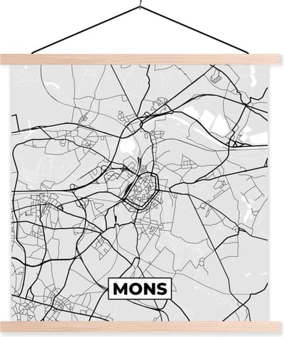 Posterhanger incl. Poster 40x40 cm - Schoolplaat - Zwart Wit – België – Plattegrond – Stadskaart – Kaart – Mons - Textielposter - Blanke latten - Stadskaart