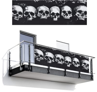 Balkonscherm 300x100 cm - Balkonposter Schedels - Zwart - Contrast - Balkon scherm decoratie - Balkonschermen - Balkondoek zonnescherm