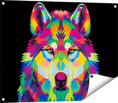 Gards Tuinposter Gekleurde Wolvenkop - Wolf - Abstract - 80x60 cm - Tuindoek - Tuindecoratie - Wanddecoratie buiten - Tuinschilderij