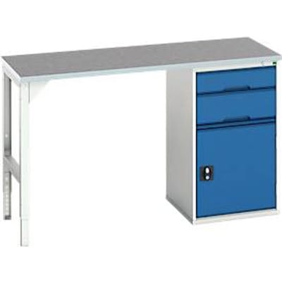 Bott verso onderbouwwerkbank, linoleumblad, 2 laden, 1 deur, 1 plank, B 1500 x D 600 x H 930 mm, lichtgrijs / gentiaanblauw