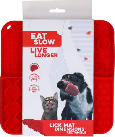 Eat Slow Live Longer Likmat - 21 x 21 cm - Vierkante - Snuffelmat - Anti-schrok Mat - Slowfeeder Honden en Katten - 100% Siliconen - Vaatwasserbestendig - Voerpuzzel Kat - Rood