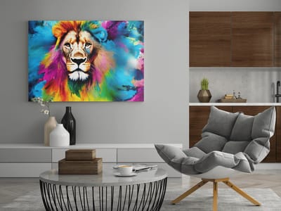 Canvas Schilderij - Dieren - Leeuw - Kleurrijk - Wanddecoratie - 60x40x2 cm