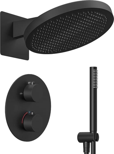 Lomazoo Inbouwdoucheset Mat Zwart - Regendouche 30 cm - met thermostaatkraan - met staafhanddouche - Lunar