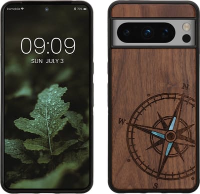 kwmobile telefoonhoesje geschikt voorGoogle Pixel 8 Pro - Hoesje met bumper - hout - In donkerbruin Parelmoer kompas design