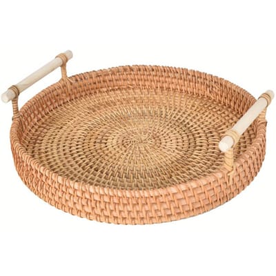 Handgeweven Rotan Serveerblad met Handvatten - Rond, Antislip Wicker Mand voor Brood & Fruit - Perfect voor Huisdecoratie beige