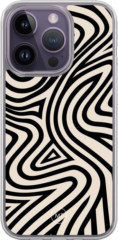 Hybride hoesje geschikt voor iPhone 14 Pro - Groovy lines - Extra bescherming - Luxe beschermhoes - TPU case - Transparant, Zwart - Mooie Telefoonhoesjes