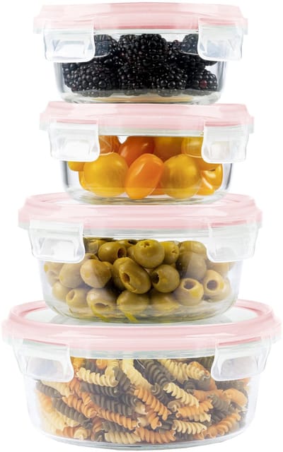 Vershoudbakjes, Ronde Meal Prep Food Container Met Deksel - Ruimtebesparende Glazen Voedselopslag Container Voor Magnetron En Vriezer Meal Prep Containers (Set 4, Rood)