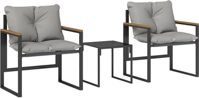 Balkonset 2 personen - Tuinset - Bistroset - Zwart+Grijs+Teak - Weerbestendig - 3 delig - Tuintafel en 2 stoelen - 2 personen - Gecoat staal - Onderhoudsvrij staal