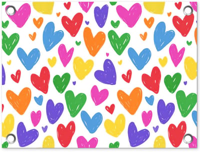 Tuinposter 40x30 cm - Tuindecoratie Hartjes - Patroon - Kleurrijk - Tekening - Poster voor in de tuin - Buiten decoratie - Schutting tuinschilderij - Tuindoek muurdecoratie - Wanddecoratie balkondoek