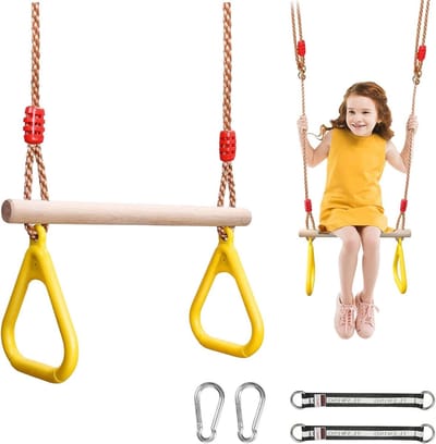 Schommelring met Riemen - Gymnastiekringen Trapeze - Buitenspelen Kinderen - Veiligheidssluitingen Karabiners - Verstelbaar 39-74 inch - Geel