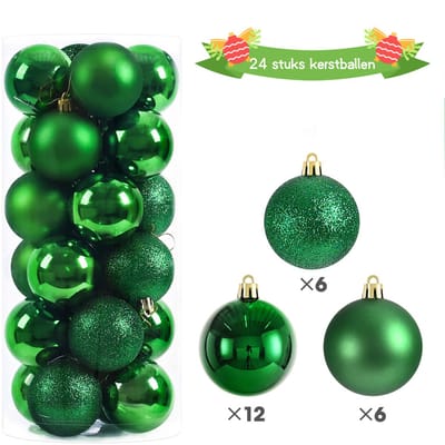 longziming -24x Donkergroene Kerstballen Ø6 cm – Onbreekbare Kerstboomdecoratie Set met Matte, Glanzende & Glitter Afwerking in Opbergdoos
