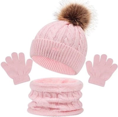 Kindermuts - Beanie Winter Roze Handschoenen - 3 in 1 - 1 tot 5 jaar - Jongens en Meisjes - Muts Voor Kinderen - Sjaal