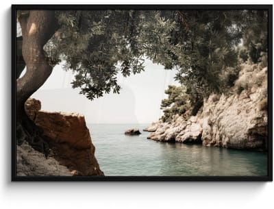 Poster in lijst - Fotolijst 120x80 cm - Posters - Rotsen - Zee - Boom - Groen - Posterlijst zwart - Decoratie - Wanddecoratie woonkamer - Muurdecoratie slaapkamer