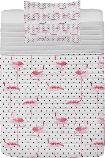 ABAKUHAUS Retro Microfiber Bedspreiset, Flamingo Birds Polka dots, Zacht beddengoed met kussenslopen en quilt, 170 cm x 220 cm, Bleek Roze Wit