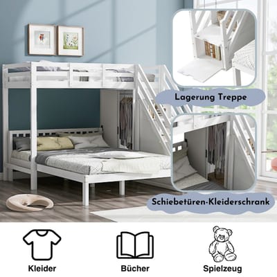KOMHTOM Stapelbed Kinderbed 90x200cm met Bed 140x200 Multifunctioneel Grote Opbergruimte Hout Wit