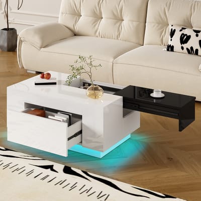 DESMIU Salontafel - Hoogglans Design Met Verlichting En Uitschuifbaar Blad - Met Verborgen Opbergruimte Voor Woonkamer - MDF - Zwart Wit - 80x50x35,5 Cm