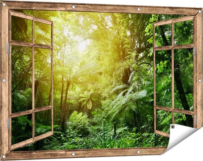 Gards Tuinposter Doorkijk Tropische Jungle met Zonneschijn - 120x80 cm - Tuindoek - Tuindecoratie - Wanddecoratie buiten - Tuinschilderij