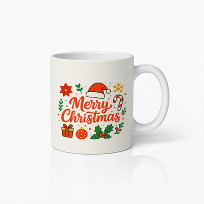 Merry Christmas Mok 330ml | Feestelijke Kerst Koffiebeker met Kerstmuts, Cadeaus & Suikerstok | Ideaal Kerstcadeau