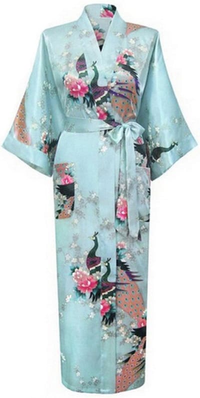 KIMU® Kimono Lichtblauw 3/4 - Maat XS-S - Yukata Satijn Onder de Knie - Driekwarts Lichtblauwe Ochtendjas Japanse Kamerjas Sexy Satijnen Badjas Geisha Festival