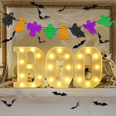 Lichtgevende Letters BOO - 16 cm - Wit - LED - Halloween Versiering