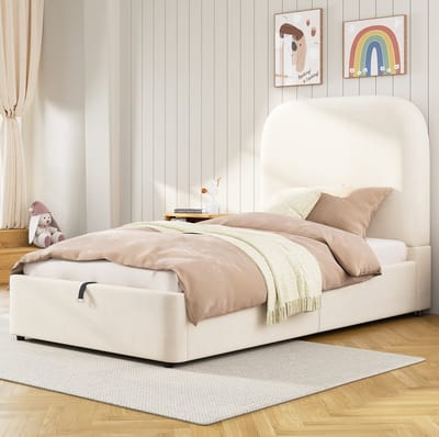 MEUNIQ eenpersoons kinderbed 90x200 cm met hydraulische opbergruimte, lattenbodem en gestoffeerd hoofdbord, fluwelen bedframe voor kinderkamer, beige