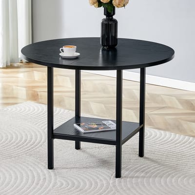 Wishdor - Ronde Eettafel - Met Opbergplank - Modern Minimalistisch - Voor Eetkamer - MDF En Metaal - Zwart - Ø100 X 77 Cm