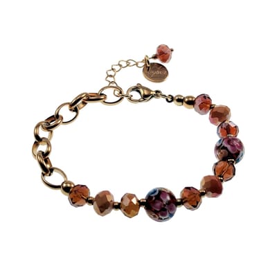 Armband Dames - Verguld RVS - Ovale Schakelarmband met Geeloranje Kristallen en Bruin Murano Glaskralen - Verstelbaar