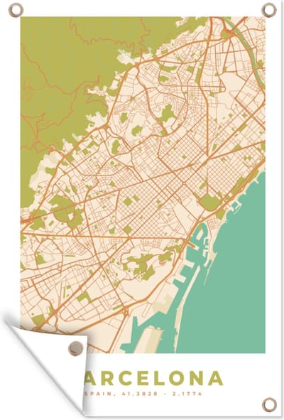 Muurdecoratie Kaart - Barcelona - Stadskaart - Vintage - Plattegrond - 120x180 cm - Tuinposter - Tuindoek