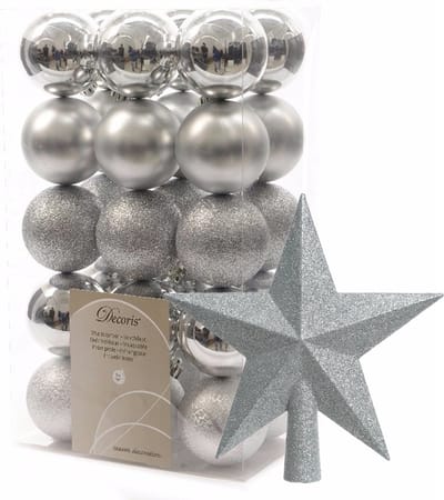 Kerstballen - 30x stuks - incl. ster piek - zilver - kunststof