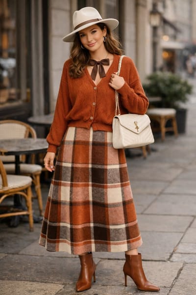 Elegante 2 delige dames set – geribbelde cardigan trui vest met geruite midi rok bruin koraal maat L