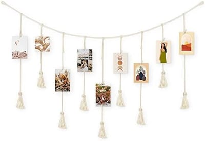 PromoHome DIY Fotolijsten Collage Set - Boho Fotokoord met Kwast Decoratie - 60x100cm Wanddecoratie met 30 Houten Klemmen en Onzichtbare Ophangsysteem voor Woonkamer, Slaapkamer, Bruiloften en Feesten