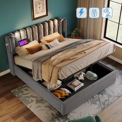 MODFU Bedframe 160x200 cm – Grijs fluweel – Met opbergruimte, leeslamp & USB – Hydraulisch