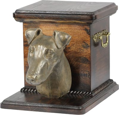 Elegante urn voor Fox Terrier met hondenbuste voor asbewaring