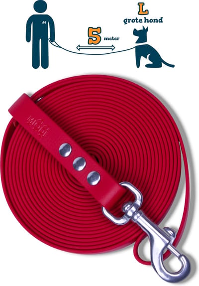 Miqdi lange lijn – BioThane® - rood – 5meter lang – 19mm breed – L/XL - grote hond – lange hondenriem