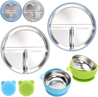 Set van 4 RVS Baby Borden en Kommen met Siliconen Zuigbasis - Schokbestendig, BPA-vrij, Ideaal voor Peuters en Baby's