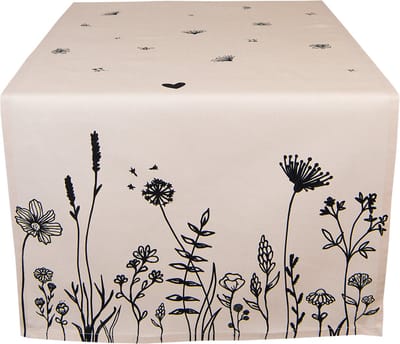 Clayre & Eef Tafelloper 50x140 cm Beige Zwart Katoen Bloemen