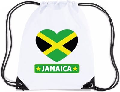Jamaica thema sporttas - nylon rijgkoord rugzak - wit met hartjes vlag print - supporters - 11 liter - 45 x 34 cm