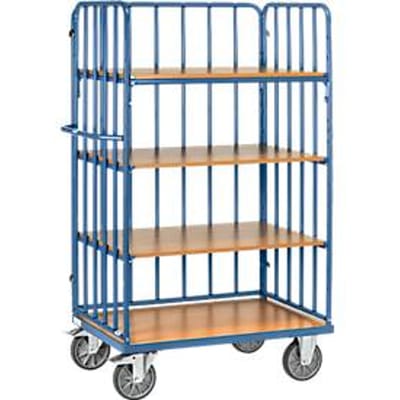 Etagewagen, 4 houten legborden, tot 600 kg, beugels aan 3 zijden, 1000 x 600 mm, staal, blauw