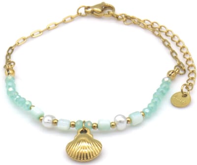 Dames Armband – RVS – Glaskralen & Schelp – Boho Stijl – Verstelbaar 16-21cm