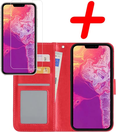 Hoesje Met Screenprotector - Geschikt voor Apple iPhone 13 Mini - Luxe Pasjeshouder - Bookcase Portemonee - Flip Case - Kunstleer Book Case - Flipcase - Book Cover - Walletcase - Portemonneehoes - Rood