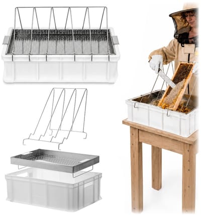 KADAX ontdekkelset voor honingraten met kunststof bak, raamhouder en honingzeef, imkerij-ontdekkelbak voor honingoogst (60 × 40 × 20 cm)