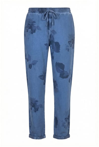 MIAMODA - Dames - Instapbroek joggingbroek jeanslook bloemmotief - Blauw denim - Maat 42